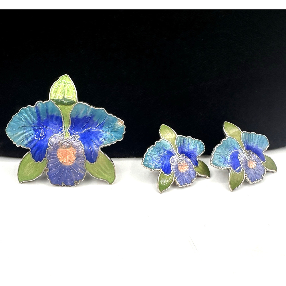 Vintage 1980's Cloisonne Iris Brooch Earring Set Enamel Silver Tone Blue Purple